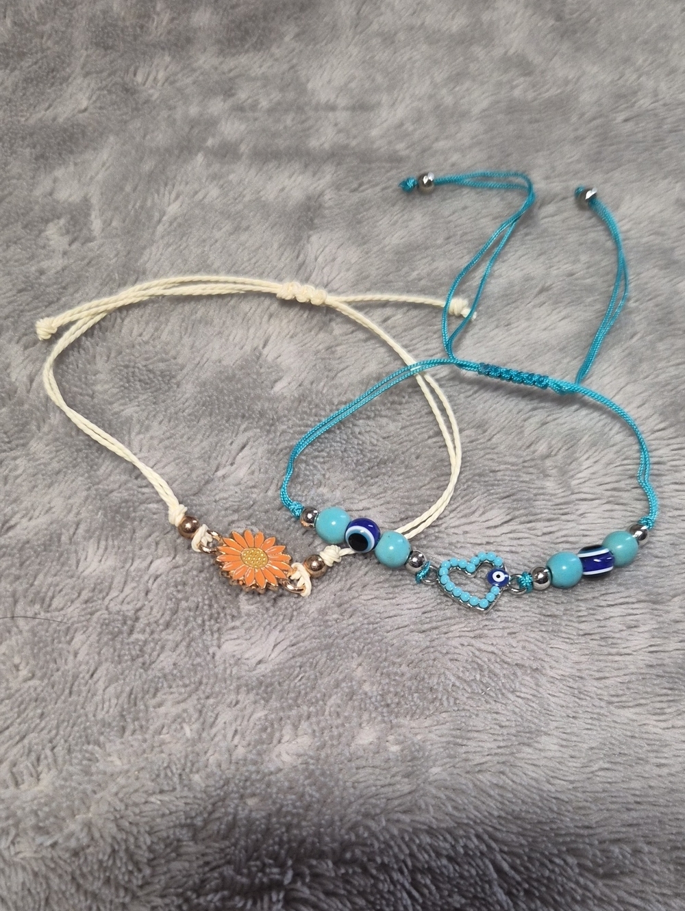 Adjustable Turquoise Heart and Cream Sunflower Friendship Bracelets